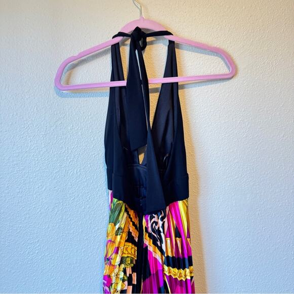 Cache Vintage Y2K Halter Maxi Dress Womens 2 Silk Pleated Mixed Print Rivera - Picture 8 of 13